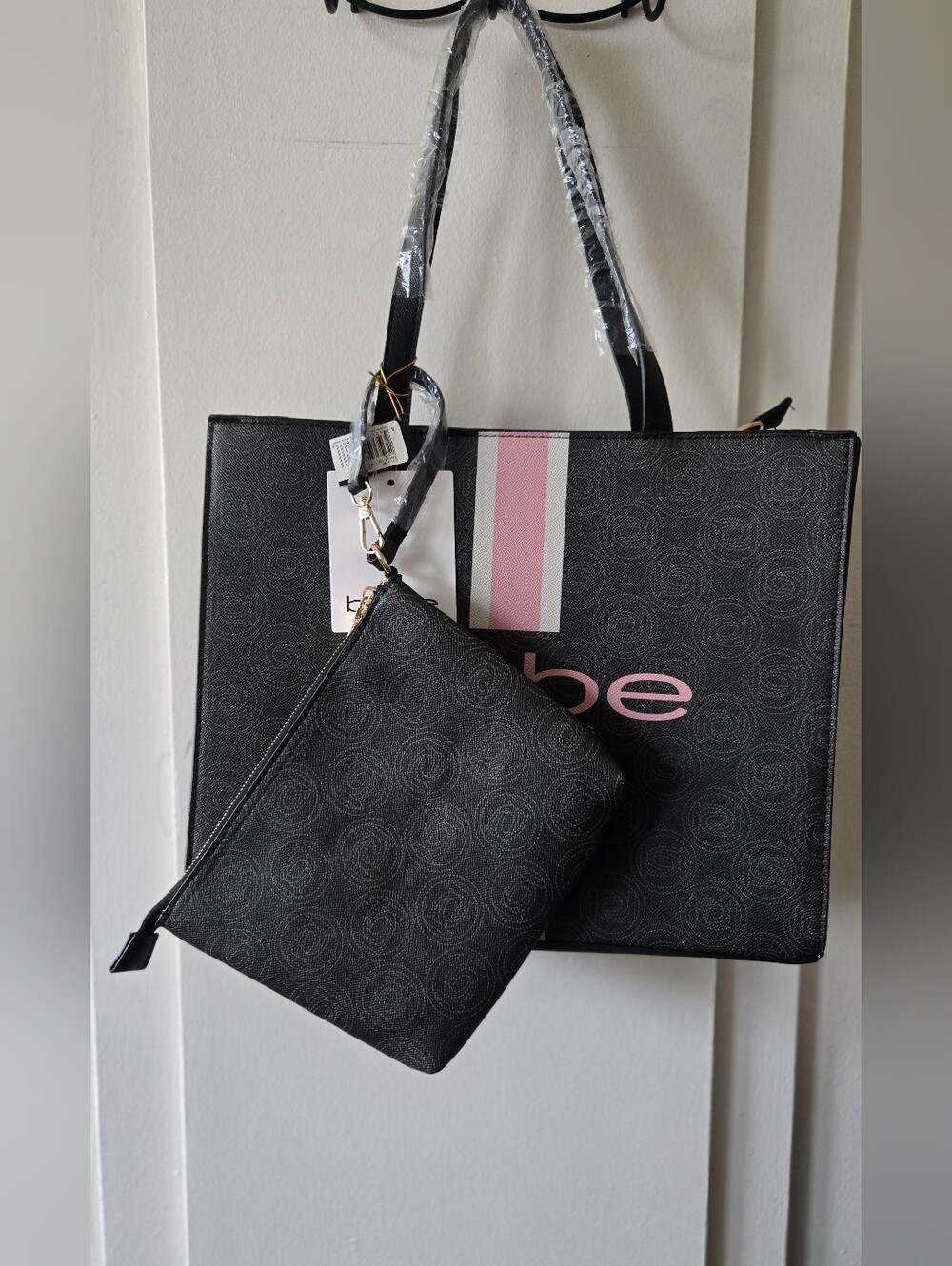 bebe Black and Pink Logo Stripe Tote - Picture 2 of 6